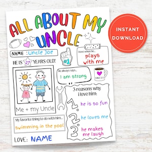 All About My Uncle Printable Activity Card, Father’s Day Questionnaire, DIY Coloring Activity Card, Gift For Uncle From Neice/Nephew
