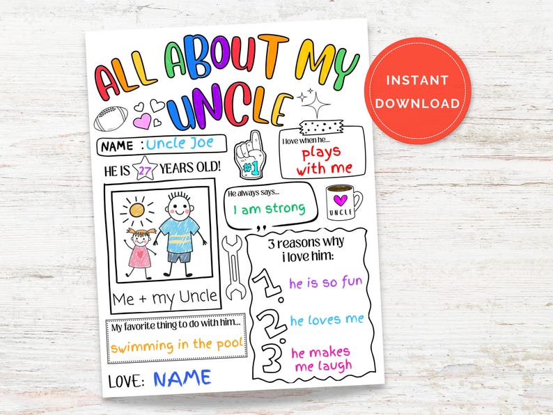 All About My Uncle Printable Activity Card, Father’s Day Questionnaire