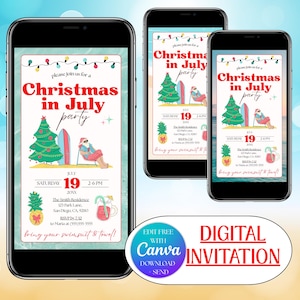 Christmas in July Party Digital Invitation, Christmas Digital Evite Summer Party Template, Xmas In July Party Invite, Evite Editable Canva