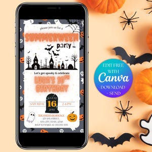 May include: A smartphone displays a Halloween-themed party invitation with text that reads "Summerween Party" and "Luca's 10th Birthday." The invitation is surrounded by pumpkins, bats, spiders, and a ghost on a light orange background.