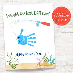 Arte imprimible con huella de mano de papá, Feliz Día del Padre, Tarjeta "Atrapé al mejor papá de la historia", Regalo de pesca con huella de mano para niños, Día del Padre