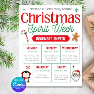 Könnte beinhalten: Ein festlicher Weihnachts-Spirit-Wochenplan der Northpole Elementary School mit einem rot-grünen Design mit einer Zuckerstange, einem Lebkuchenmann und einer Pinguingrafik. Der Zeitplan enthält tägliche Themen für den 15. bis 19. Dezember.