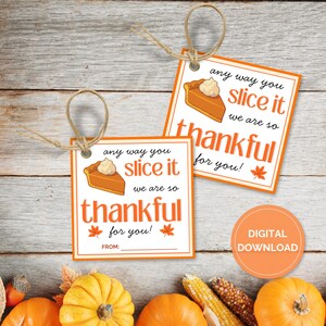 May include: Thanksgiving-themed gift tags with the text "any way you slice it we are so thankful for you!" and a pumpkin pie illustration. The tags are orange and white with a rustic twine string.