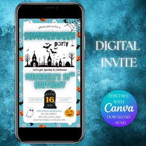 May include: A smartphone displays a digital invitation for a "Summerween" party and Michael's 10th birthday. The invitation features a spooky theme with bats, ghosts, and jack-o'-lanterns. Text includes date, time, and RSVP information.