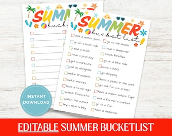 Summer Bucket List Printable, Editable Summer Bucket List, Bucket List Template, Summer Template For Kids, Summer Break Activities Checklist