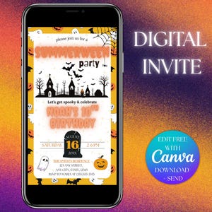 May include: A digital invitation for a Summerween party, displayed on a smartphone. The design features spooky elements like bats, ghosts, and a pumpkin, with text announcing Noah's 10th birthday on August 16th.