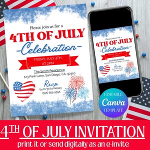4th of July Invitation Template, Independence Day Celebration Invite, Editable Canva Design, Red White & Blue Fireworks, Patriotic Printable