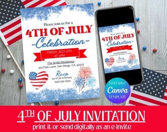 4. Juli Einladungsvorlage, Feier zum Unabhängigkeitstag, bearbeitbares Canva Design, Feuerwerk in Rot, Weiß und Blau, Vaterländisch zum Ausdrucken