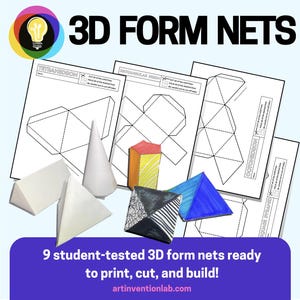 Puede incluir: Una colección de plantillas de formas 3D, incluyendo un tetraedro y un prisma rectangular, listas para imprimir, cortar y construir. La imagen muestra modelos de papel y el texto "3D FORM NETS" y "9 student-tested 3D form nets ready to print, cut, and build!"