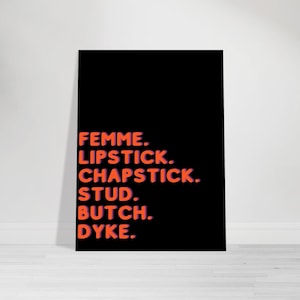 Arte mural con términos lésbicos, lápiz labial femenino, bálsamo labial, semental, butch, lesbiana, póster del orgullo queer, decoración LGBTQ+ para el hogar o la oficina.