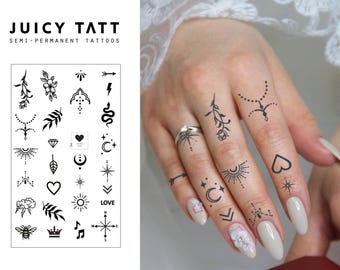 Semi-permanent Tattoos | Pack of 27 Tiny Finger Tattoos | Temporary Lasts up to 2 Weeks| Jagua Henna | Trendy Minimal Gift Idea | Halal