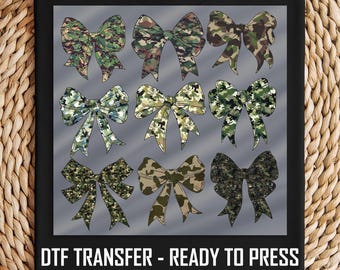 Camo Bow DTF Transfer Set, Ready to Press for DIY Crafts, Rustic Camouflage Designs, Perfect for Apparel, Home Decor, Gift Ideas