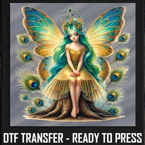 Golden Peacock Fairy DTF Transfer: Enchanting Woodland Design