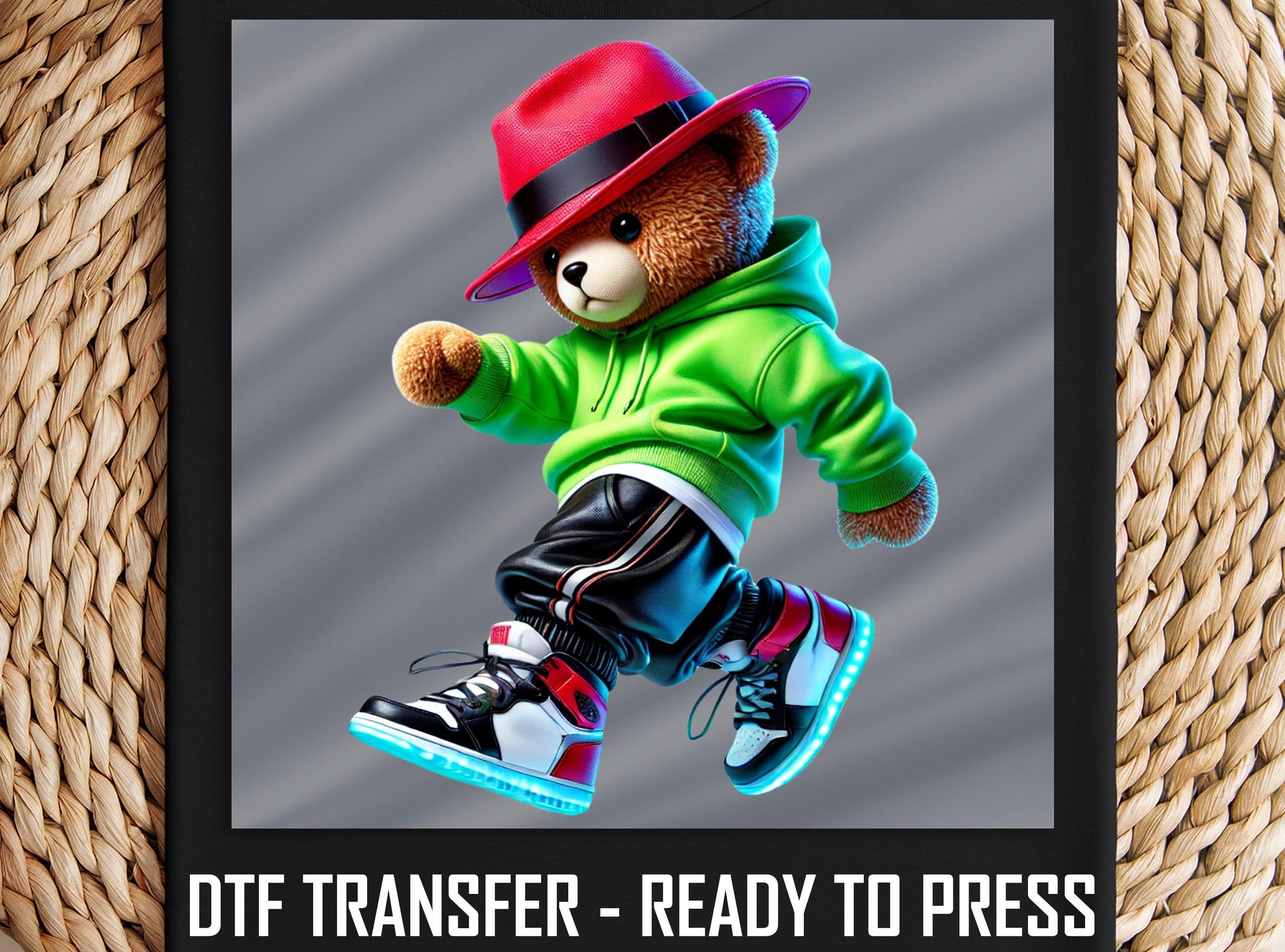 Hip Hop Teddy DTF Transfer, Stylish Bear in Neon Sneakers and Fedora, Trendy Streetwear Fashion, Cool Urban Art, Ready to Press Print