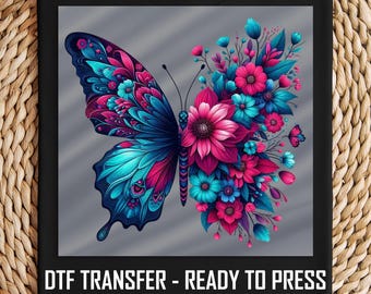 Floral Butterfly DTF Transfer, Vibrant Pink and Blue Wings, Ready to Press Iron-On, DIY Shirt Print, Nature Aesthetic, Boho Chic Design