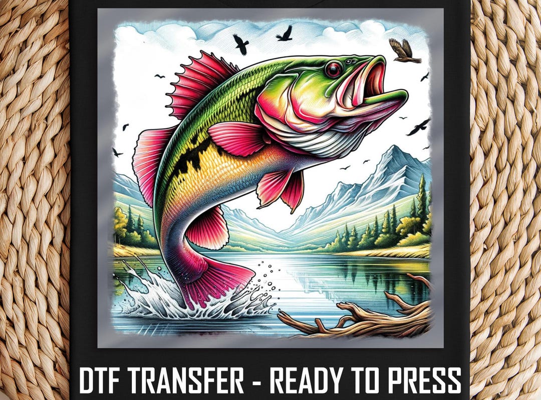 Bass Fishing DTF Transfer, Jumping Fish Lake Scene, Outdoor Fisherman ...