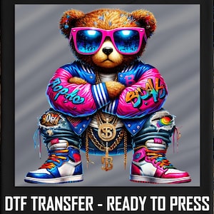 DTF Transfer Hip Hop Bear, Graffiti Streetwear Style, Cool Urban Fashion Print, Trendy Gold Chain Swag, Ready to Press Iron-On