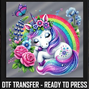 Rainbow Unicorn DTF Transfer, Ready To Press Iron-On Design, Floral Unicorn DIY Decoration, Cute Rainbow Shirt Art