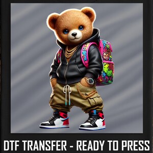 Cool Hip Hop Bear DTF Transfer, Trendy Teddy with Hoodie and Gold Chains, Streetwear Style, Urban Fashion, Ready to Press DIY Print
