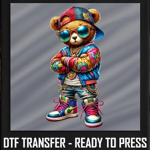 Swag Street Style Bear DTF Transfer,Cool Hip Hop Bear With Gold Chains And Graffiti Jacket,Ready To Press Urban Art Shirt Heat Transfer