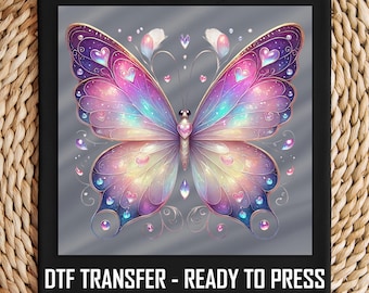 Rainbow Butterfly DTF Transfer, Heart Accents and Sparkling Gradient Wings, Ready to Press Iron-On, DIY Apparel, Elegant and Vibrant Design
