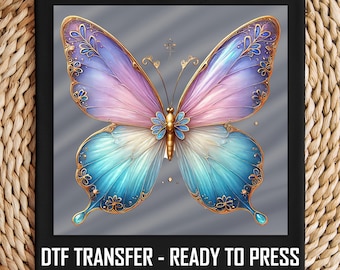 Butterfly DTF Transfer, Elegant Pastel Wings with Gold Floral Accents, Ready to Press Iron-On, DIY Shirt Design,Beautiful Apparel Decoration
