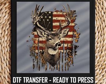 DTF Transfer Rustic Deer with American Flag, Hunting Wildlife Buck Design, Patriotic Forest Scene, Ready to Press, DIY Country Apparel