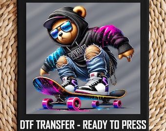 Skater Teddy DTF Transfer, Hip Hop Bear on Skateboard, Urban Streetwear Graffiti Art, Trendy Ready to Press, Cool Neon Fashion Print