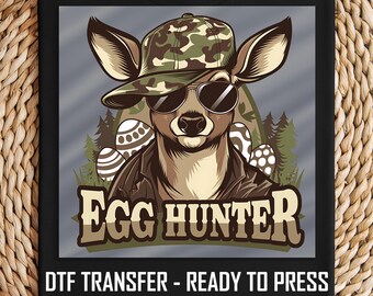 DTF Transfer Egg Hunter, Cool Deer with Camo Hat and Sunglasses, Hunting Easter Eggs, Ready to Press Iron-On, DIY Holiday Shirt Design