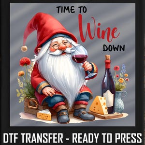 Wine Gnome DTF Transfer, Cozy Christmas Gnome with Red Wine and Cheese, Ready to Press, DIY Iron-On for Wine Lovers, Fun Holiday Design