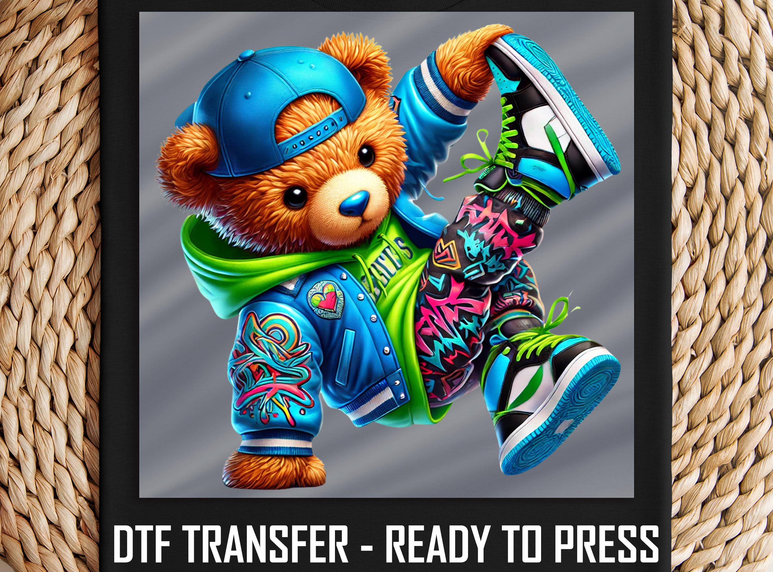 Cool Hip Hop Bear DTF Transfer, Urban Style Graffiti Bear With Cap And Sneakers, Ready To Press Bright Colorful Kids Shirt Heat Transfer