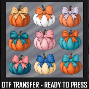 Fall Pumpkins With Bows DTF Transfer, Colorful Autumn Pumpkin Design DTF Print, Ready To Press For Halloween Or Thanksgiving Shirts
