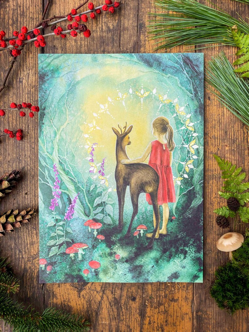 Krafttier Reh, Deko Bilder Wohnzimmer, Reh Aquarell, Wandgemälde, Kunst als Geschenk, spirituelle Bilder, Spirit Animal, Poster Kunstdruck