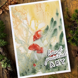 Fliegenpilz Postkarte Kunstruck Wald minimalistisch Gemälde Aquarell Pilze Grußkarte Natur Wald Pilz Geschenk Artprint moderne Kunst Herbst