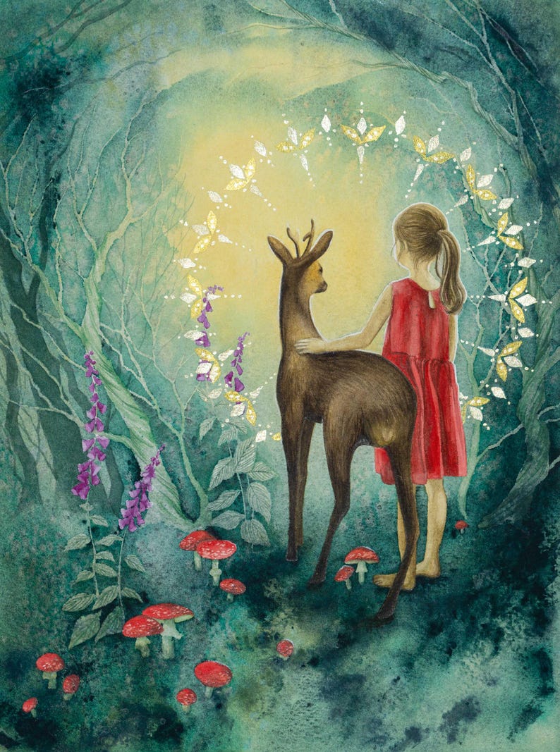 Krafttier Reh, Deko Bilder Wohnzimmer, Reh Aquarell, Wandgemälde, Kunst als Geschenk, spirituelle Bilder, Spirit Animal, Poster Kunstdruck