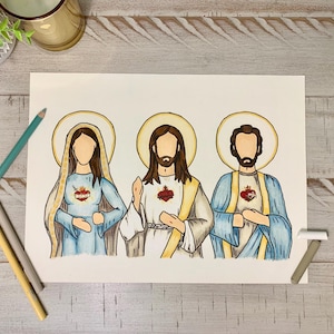 Catholic Holy Family Icon | Sacred Heart, Immaculate Heart and Chaste Heart Image | Oil Pastel Print