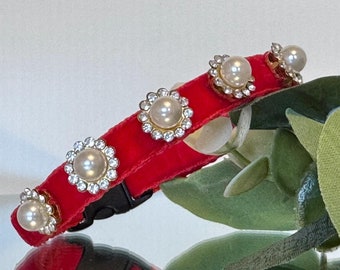 Cat Collar - Luxurious Red Velvet Cat Collar with Pearls, Small Dog Collar, Kitten Collar, Velvet Pet Collar.