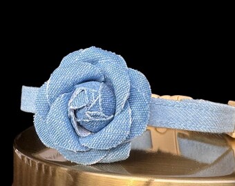 Denim Rose Cat Collar: Detachable Flower, Breakaway Safety Kitten Collar