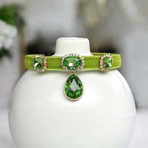 Peridot Dream - Green Velvet Rhinestone Charm Cat Collar, Small dog collar, Kitten collar, Breakaway cat collar, Green luxe cat collar.
