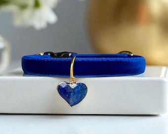 Natural Lapis Lazuli - Royal Blue Velvet Cat Collar with Natural Lapis Lazuli Heart Charm, Safety Kitten Collar, Lapis Luxe Cat Collar.