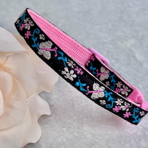 Cat Collar - Black, Pink and Blue Embroidered Breakaway Cat Collar, Small Dog Collar, Kitten Collar, Fancy Collar, Pink Safety Collar.