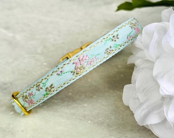 Spring Blossom Embroidered Cat Collar - Small Dog Collar, Kitten Collar, Blue Floral Pet Collar, Breakaway Cat Collar, Fancy Pet Collar.