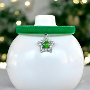 Clover Starlight - Green Velvet Cat collar With Rhinestone Star Charm, Plush kitten collar, Breakaway safety pet collar, Luxe cat collar.