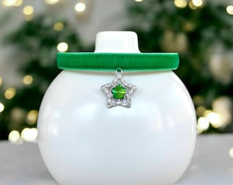 Clover Starlight - Green Velvet Cat collar With Rhinestone Star Charm, Plush kitten collar, Breakaway safety pet collar, Luxe cat collar.