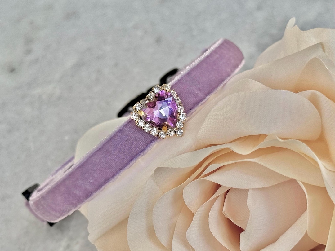 Violet Whispers Cat Collar- Lavender Velvet Rhinestone Heart Pet