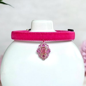 Fuchsia Gemlight - Vibrant Velvet Cat Collar with rhinestone Charm - Breakaway cat collar, Kitten collar, Luxe fuchsia velvet pet collar.