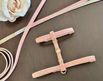 Pink-Peach Posh Harness Set- Luxe Velvet Rhinestone Cat Harness and Leash Set, Kitten Harness and Leash Set, Blush Small Dog Harness Set.