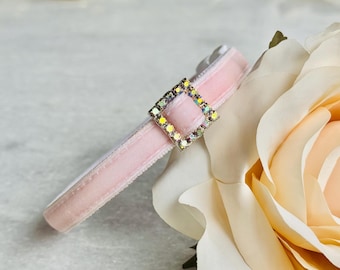 Pink Whispers - Velvet Rhinestone Comfort Cat Collar - Posh Velvet kitten collar, Breakaway Safety collar, Aurora Borealis luxe cat collar.