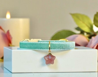 Seafoam Green Glimmer Velvet Cat Collar with Natural Strawberry Quartz Star Charm - Breakaway Safety Kitten Collar, Luxe Pet Accessory.