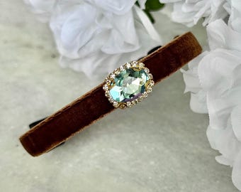 Collar para gatos con brillo aguamarina: collar para mascotas con diamantes de imitación de arcoíris de terciopelo marrón, collar para perros pequeños, collar para gatitos Breakaway, collar para gatos de terciopelo exuberante.